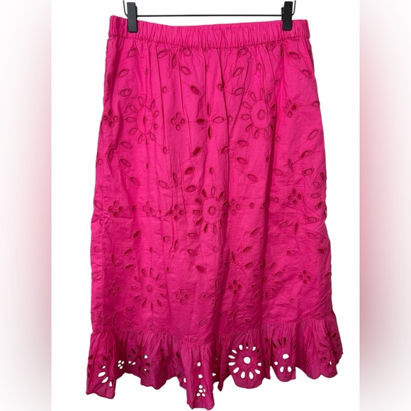 J.Crew NWT Women's Pink Embroidered Eyelet Ruffle Front Pull On Midi Skirt Med - Picture 3 of 7